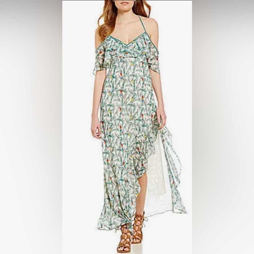 Chelsea & Violet swag sleeve tropical palm and parrot pattern maxi dress sz. XS